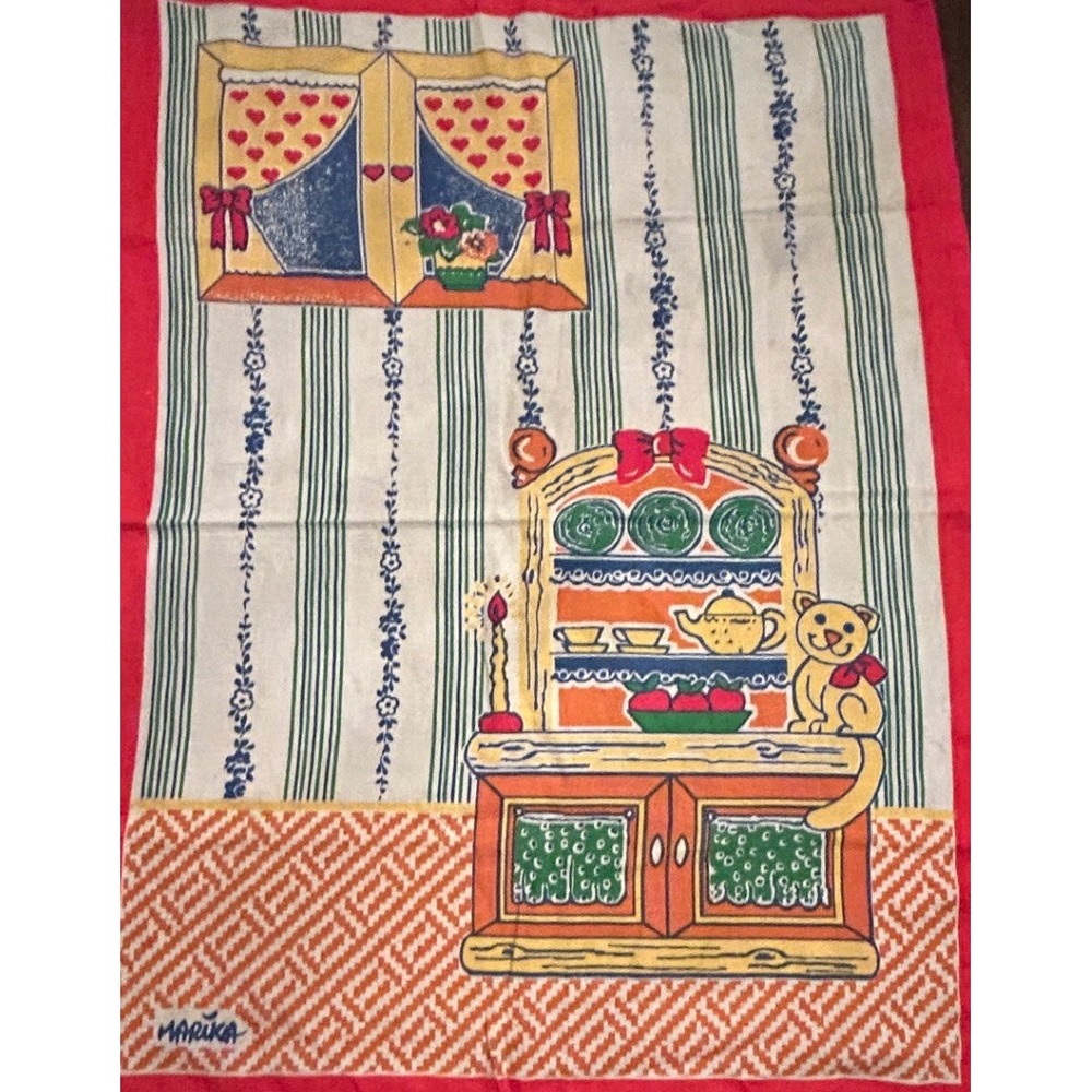 Vintage Marika Tea Towel Cotton Cat Cottagecore Folk Art Retro Decor Farmhouse
